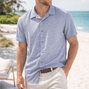 Union Sea//Wa Blue Geo Print Button Up Small Rayon Coastal Summer Shirt